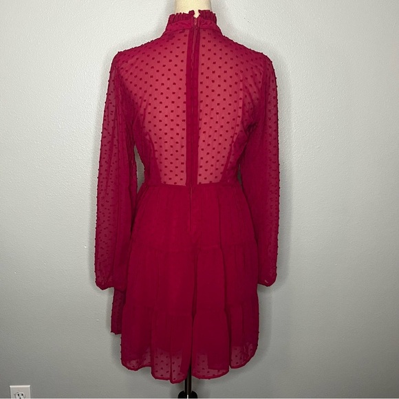 Trixxi High Neck Sheer Sleeve Dress Women M Red Magenta Tiered Ruffle Zip Midi - Picture 8 of 10